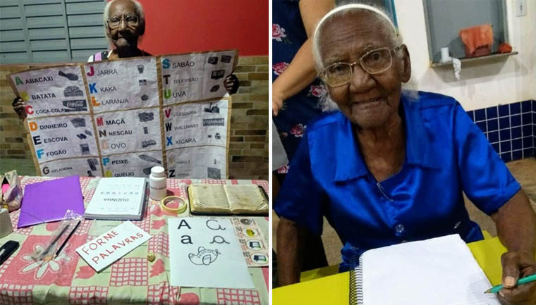 Dona Duzinha dos Reis, de 104 anos, começou a estudar recentemente para realizar seu maior sonho que é: poder ler a Bíblia.